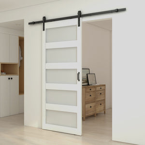 English Elm 30 in Matte Black Steel Sliding Barn Door Frosted Glass Privacy Panel with Hardware B2763P483232