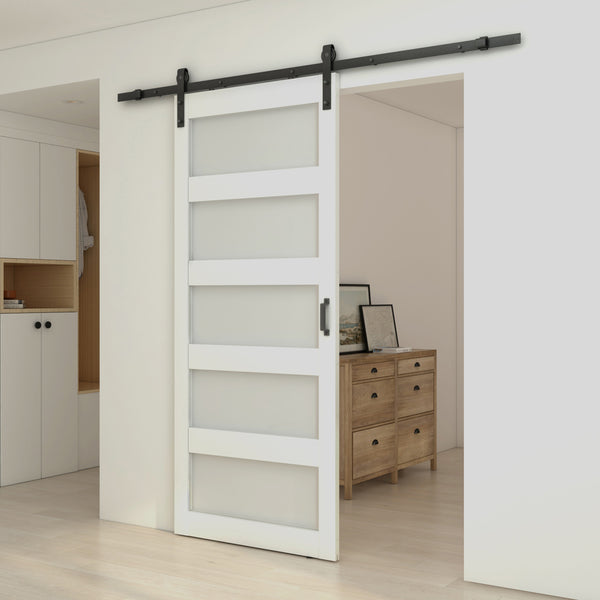 English Elm 30 in Matte Black Steel Sliding Barn Door Frosted Glass Privacy Panel with Hardware B2763P483232