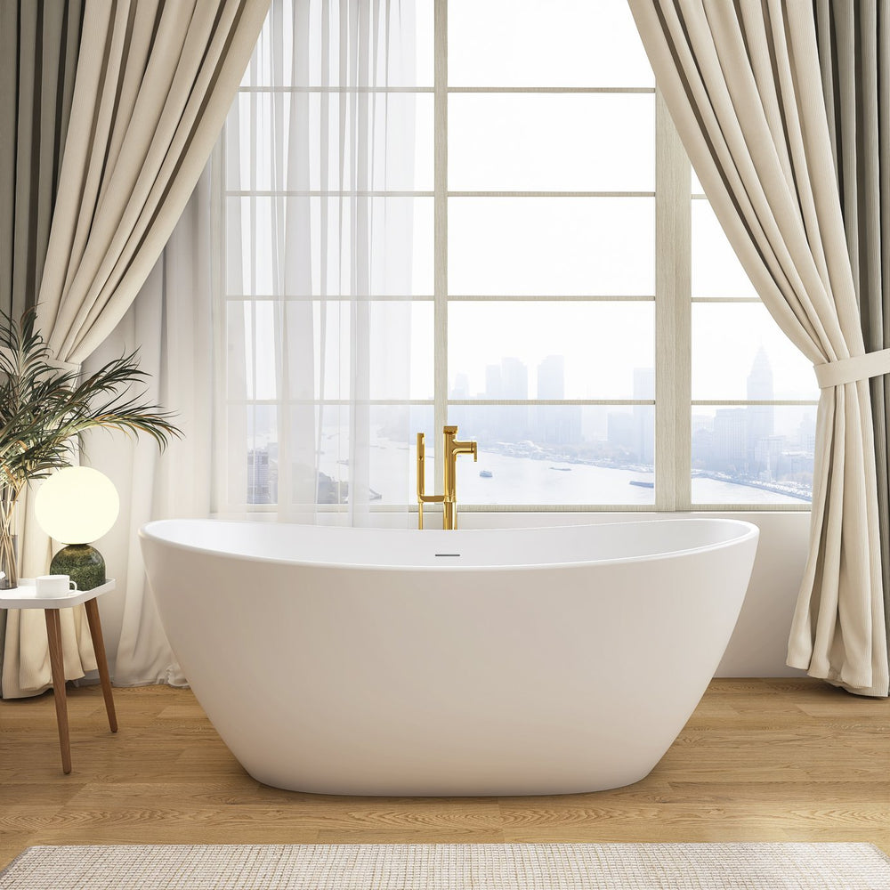 English Elm 65 Inch Freestanding Soaking Tub Solid Surface Matte White Spa Ergonomic Bath W1613P351369