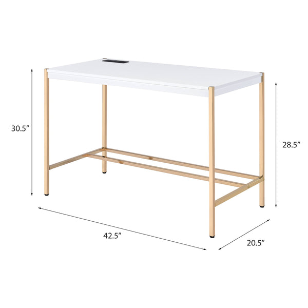 English Elm White White and Gold Writing Desk with USB Port, Sleek Rectangular Top, Gold Metal Open Base, Modern Home Office Chic B062P184553