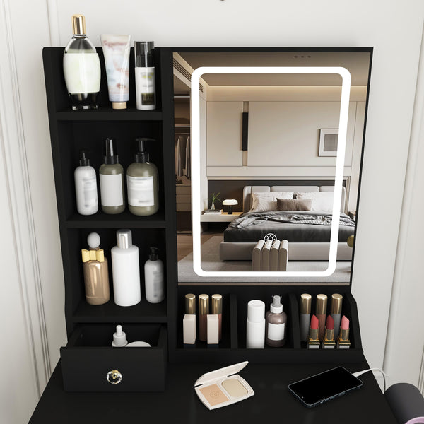 English Elm Modern Vanity Desk with Led Mirror 3 Drawers Built-in Outlet and Matching Chair Black W509P465833