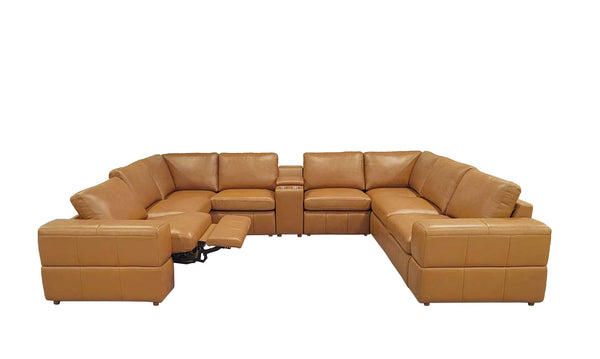 English Elm Premium Leather Match Sectional with Dual Recliners Console and Cup Holders Included Ginger B2748S00155