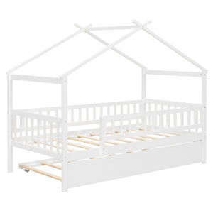 English Elm Twin House Bed with Trundle Solid Pine Frame Walnut Kids Bedroom Sleepover N708P357115K