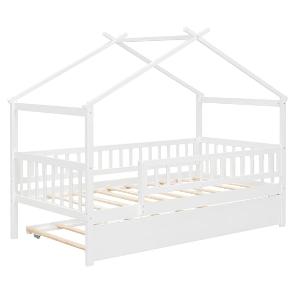 English Elm Twin House Bed with Trundle Solid Pine Frame Walnut Kids Bedroom Sleepover N708P357115K