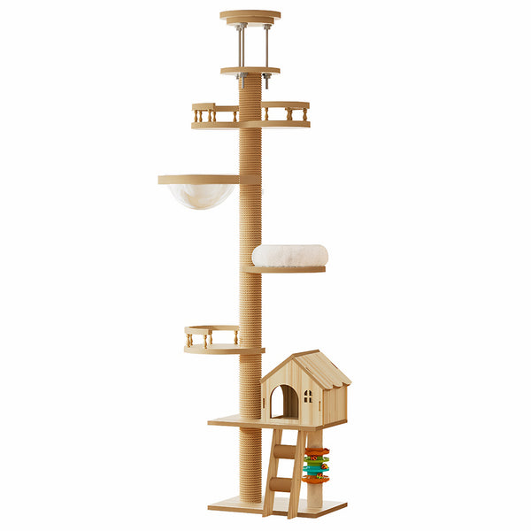 English Elm Floor to Ceiling Tension Mount Cat Tower with Sisal Post Hammock and Wood Condo Cave W3101P384990
