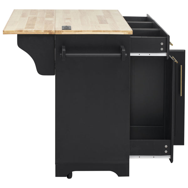 English Elm K&K Vintage Kitchen Island with Rubberwood Top, Hidden Wheels, Pull-Out Trash & Charging Station Black N707P299014B