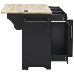 English Elm K&k Rolling Kitchen Island Rubber Wood Top Brass Hardware Built-in Outlets Storage Black N707S299014B