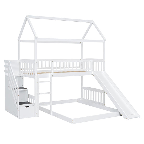 English Elm Twin Over Full Bunk Bed Playhouse Frame with Slide Staircase and Storage Drawers LT100129AAK
