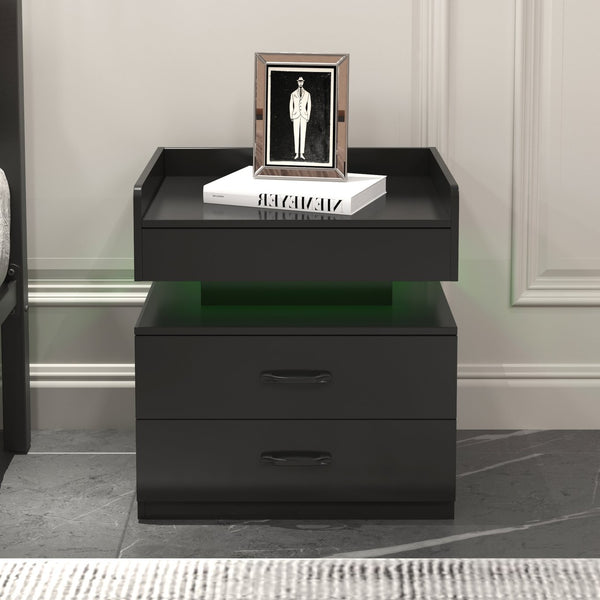 English Elm 1 Set Led Strip Nightstand with 2 Drawers Open Shelf Contemporary Bedside Storage Black W578P462506