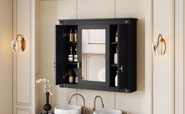 English Elm Bathroom Wall Cabinet with Mirror and 5 Shelves — Wall-Mounted Medicine Cabinet, Modern Storage Solution Black N710P252503B