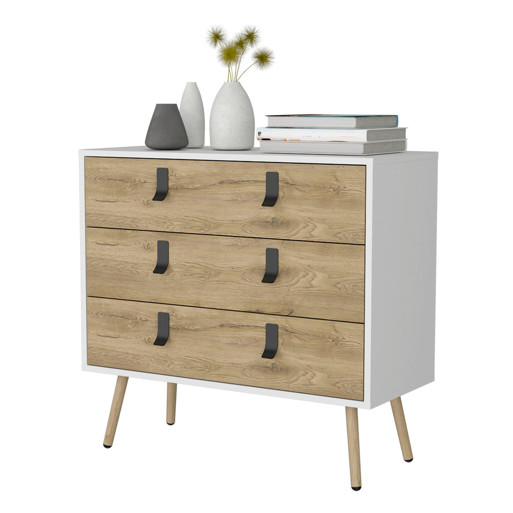 English Elm Kimball 3-Drawer Dresser White Macadamia – Midcentury Modern Storage, Smooth Glide Drawers, Wooden Legs B128P176105