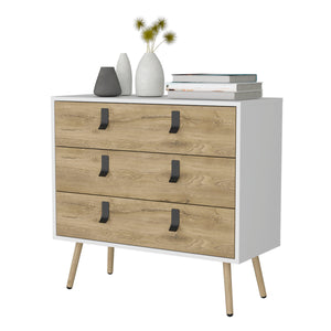 English Elm Kimball 3-Drawer Dresser White Macadamia – Midcentury Modern Storage, Smooth Glide Drawers, Wooden Legs B128P176105