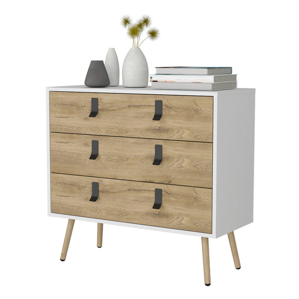 English Elm Kimball 3-Drawer Dresser White Macadamia – Midcentury Modern Storage, Smooth Glide Drawers, Wooden Legs B128P176105
