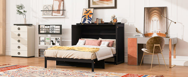 English Elm Full Size Murphy Wall Bed Cabinet with Rattan Panel Detailing and Storage Drawers Espresso N708P336203P