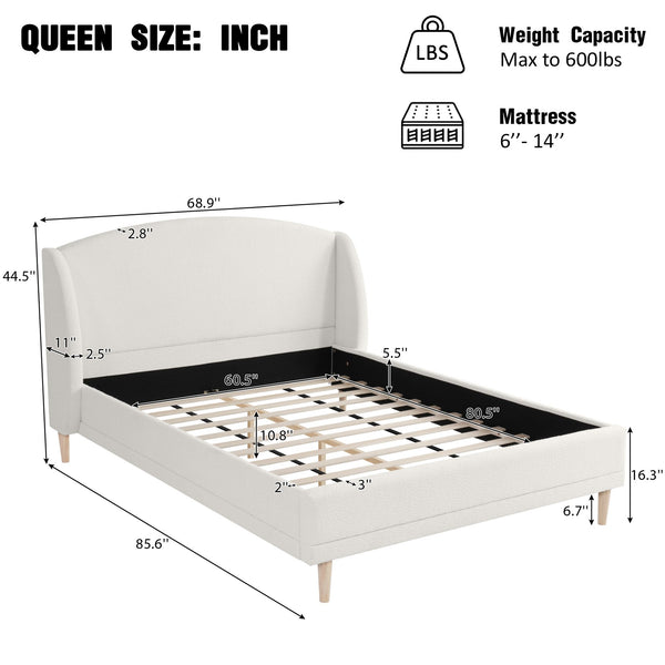 English Elm Queen Boucle Upholstered Wingback Platform Bed Rounded Frame for Modern Bedroom N757Q246186W-1