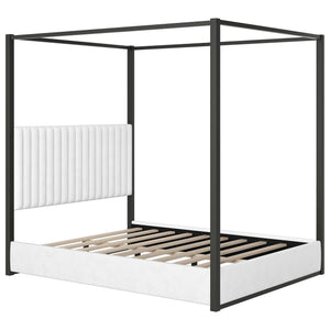 English Elm Queen Velvet Upholstered Canopy Bed White Metal 4 Poster Frame No Box Spring GX001031AAB