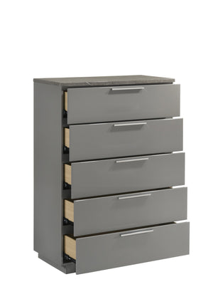 English Elm Elara Two-Tone High-Gloss Marble & Lacquer Chest with 5 Spacious Drawers, Velvet Lined Top, Metal Legs G150108689