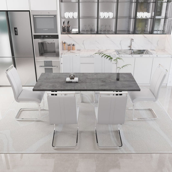 English Elm 55.12-70.87" Expandable Square Dining Set Seats Six with Cushioned Faux Leather Chairs Grey+White W2189S00907