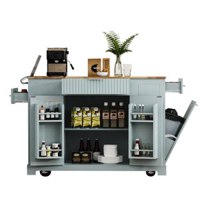 English Elm K&k Rolling Kitchen Island Rubber Wood Top Fluted Cabinet Built-in Charging Station Grey+Blue N707S221571G