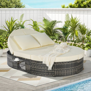English Elm Outdoor Round Pe Rattan Daybed with Reclining Backrest and Built in Cup Trays Beige W874S00080
