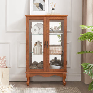 English Elm 2 Doors Curio Cabinet With Adjustable Shelves, Mirrored Back & Integrated Lighting - Elegant Oak Display W2275P177197