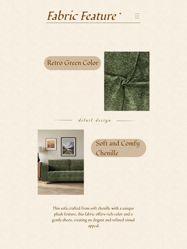 English Elm FX-P54-RB Modern Chenille 3-Seater Sofa with Wide Arms, Tufted Box Stitching & Stainless Legs for Durable Comfort Retro Green W576S00166