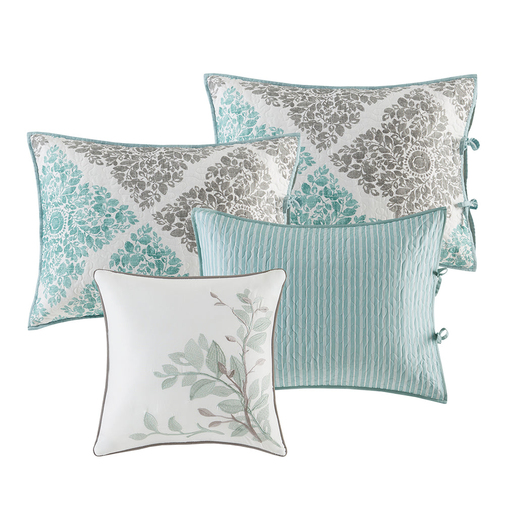 JLA Home Madison Park - 6 Madison Park Claire Reversible Twin Daybed Set - Quilted Aqua Grey Botanical Diamond & Stripes, 6pc MP13-3972