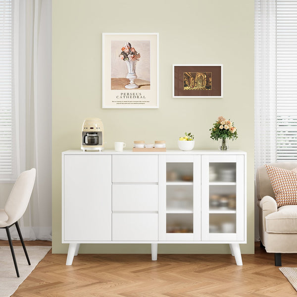 English Elm Farmhouse Buffet Cabinet with Pop-Up Doors and 3 Drawers — Rustic 55.5" Sideboard for Dining Room White T3623P408444