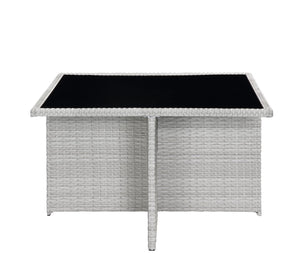 English Elm Paitalyi 9PC Blue Wicker Bistro Set with Glass Table, Steel Frame, Cushioned Chairs & Ottomans B2726S00416