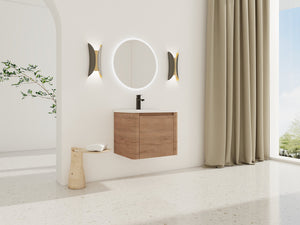 English Elm 24'' 24" Wall-Mounted Bathroom Vanity with Ceramic Sink, Soft-Close Door, Plywood Build, Space-Saving Design Imitative Oak W999P317928