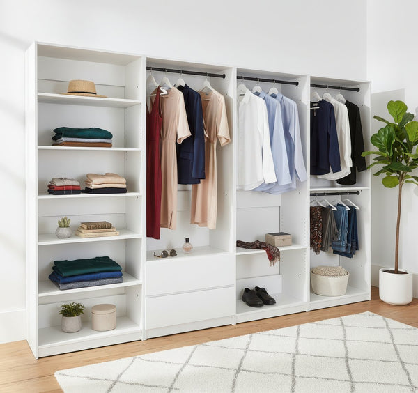 English Elm Prosper White Freestanding Walk-In Wood Closet System with Oak Finish, Ample Modular Storage & Easy Assembly B040S00147
