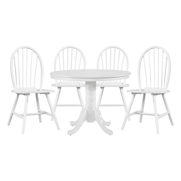 English Elm White 5pc Round Dining Table Set with 4 Windsor Chairs – Farmhouse Pedestal Table, Cozy Breakfast Nook B011S01376