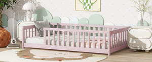 English Elm Twin Solid Rubberwood Floor Bed with Full Perimeter Safety Rails for Toddler Rooms Pink W504P296798