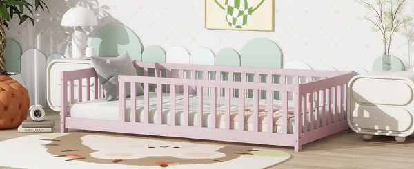 English Elm Twin Solid Rubberwood Floor Bed with Full Perimeter Safety Rails for Toddler Rooms Pink W504P296798