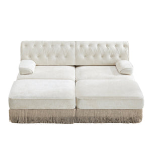 English Elm With Tufted Velvet Sectional Sofa Two Ottomans Tassel Skirt French Chesterfield Living Room Beige W714S01743