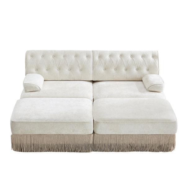 English Elm With Tufted Velvet Sectional Sofa Two Ottomans Tassel Skirt French Chesterfield Living Room Beige W714S01743