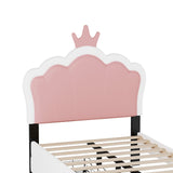 English Elm Twin Size Upholstered Princess Bed With Crown Headboard and 2 Drawers,Twin Size Platform Bed With Headboard and Footboard, Pink+White