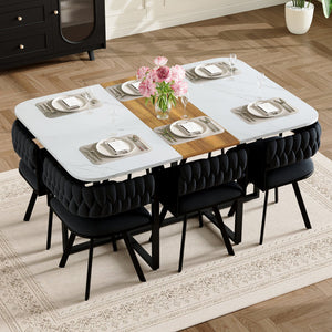 English Elm 7-piece Rectangular Dining Set Faux Marble Velvet Chairs Modern Apartment Table Black,White,Wood W3875S00134