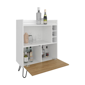 English Elm Tori 42" Tall One-Door Bar Cabinet with 3 Cubbies, 3 Shelves, Prep Surface & Rail, White Oak Chic B200P286936
