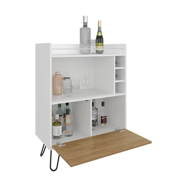 English Elm Tori 42" Tall One-Door Bar Cabinet with 3 Cubbies, 3 Shelves, Prep Surface & Rail, White Oak Chic B200P286936
