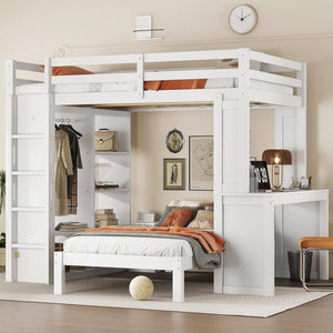 English Elm Full Solid Wood Loft Bed with Removable Lower Bed, Built-In Desk, Shelves & Wardrobe for Space-Saving Designs White W1580S00211