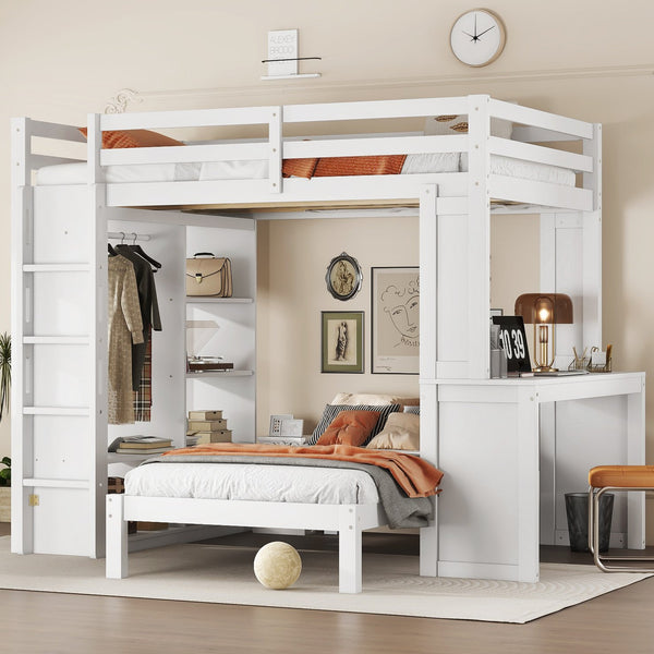 English Elm Full Solid Wood Loft Bed with Removable Lower Bed, Built-In Desk, Shelves & Wardrobe for Space-Saving Designs White W1580S00211