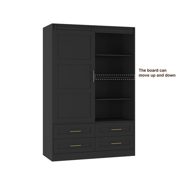 English Elm Tall Farmhouse Wardrobe Armoire with Sliding Barn Doors Drawers and Hanging Rod W1321S00045
