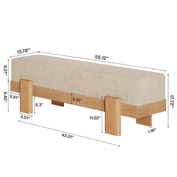 English Elm Upholstered Nordic Dining Bench with Beige Fabric Seat and Oak Legs for Family Meals T3971P458669