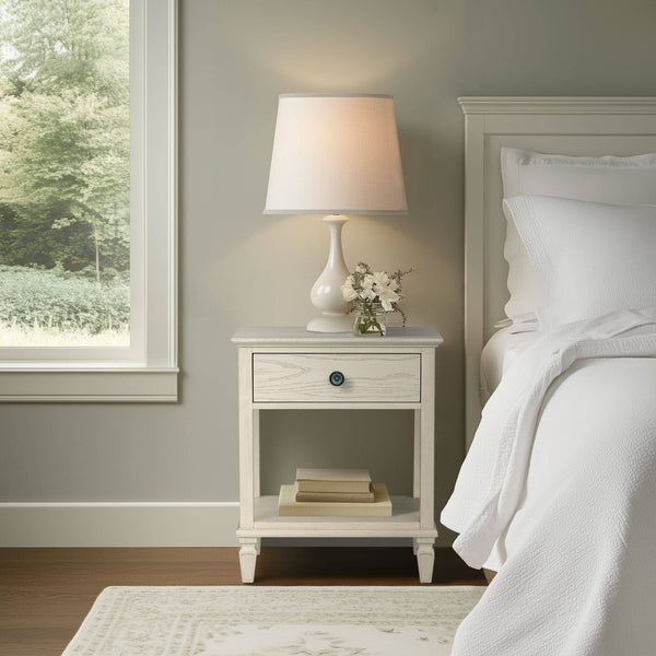 English Elm Victoria Aged Oak Nightstand with Solid Wood Legs, Wire-Brushed Veneer, Drawer & Open Shelf Cream 27 L x 22.75 W x 27.63 H B035P341165