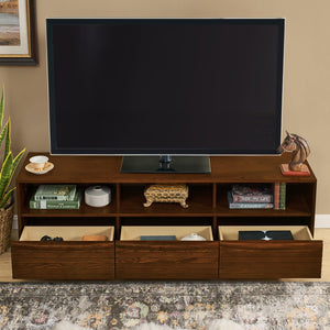 English Elm 63" Mid-Century Modern TV Stand for TVs up to 75" - Walnut Louver Media Console with Solid Wood Drawers, Outlet Holes, Spacious Storage and Durable P2 MDF Finish W1801P288509