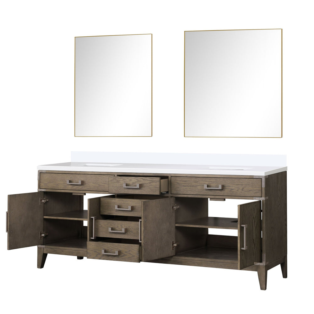 English Elm Grey Oak Double Bath Vanity Set With White Quartz Top, Two 36-Inch Mirrors & Ample Storage Solutions B2731S01620