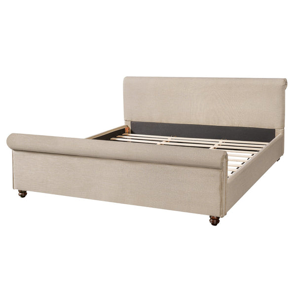 English Elm King Upholstered Bed Linen Fabric Rolled Headboard Rubberwood Legs Primary Bedroom Sand N757K384825S