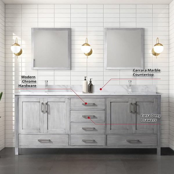 English Elm Distressed Grey Double Bath Vanity With Carrara Marble Top, Faucet Set, & 30" Mirrors For Luxury B2731S01058
