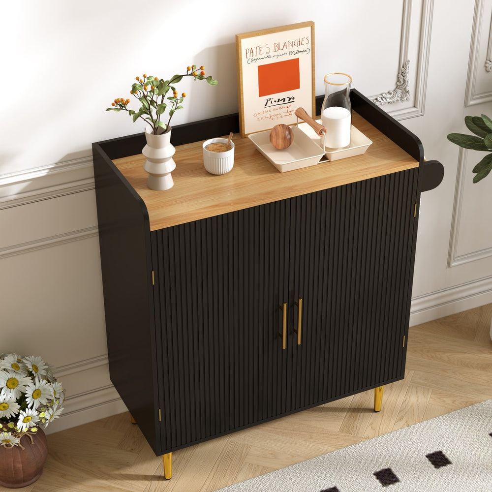 English Elm Modern Fluted Bar Cabinet with Wine Rack Glass Holders Adjustable Shelving and Hidden Drawer Black N728P438606B